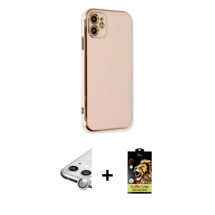 MARSİLYAN™- iPhone 11 Kılıf Yankı Serisi - Siyah Buffer Cam Ekran Koruyucu + Raze Metal Kamera Lens - GS