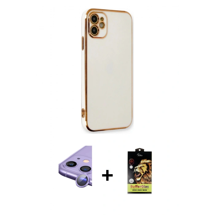 MARSİLYAN™- iPhone 11 Kılıf Yankı Serisi - Siyah Buffer Cam Ekran Koruyucu + Raze Metal Kamera Lens - MR