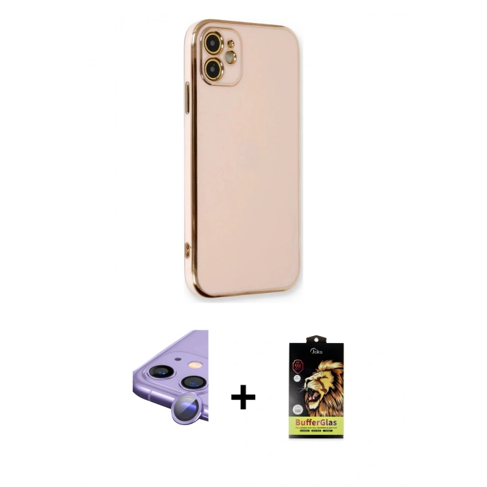 MARSİLYAN™- iPhone 11 Kılıf Yankı Serisi - Siyah Buffer Cam Ekran Koruyucu + Raze Metal Kamera Lens - MR