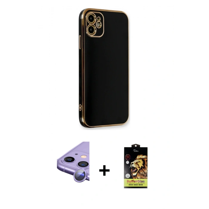MARSİLYAN™- iPhone 11 Kılıf Yankı Serisi - Siyah Buffer Cam Ekran Koruyucu + Raze Metal Kamera Lens - MR