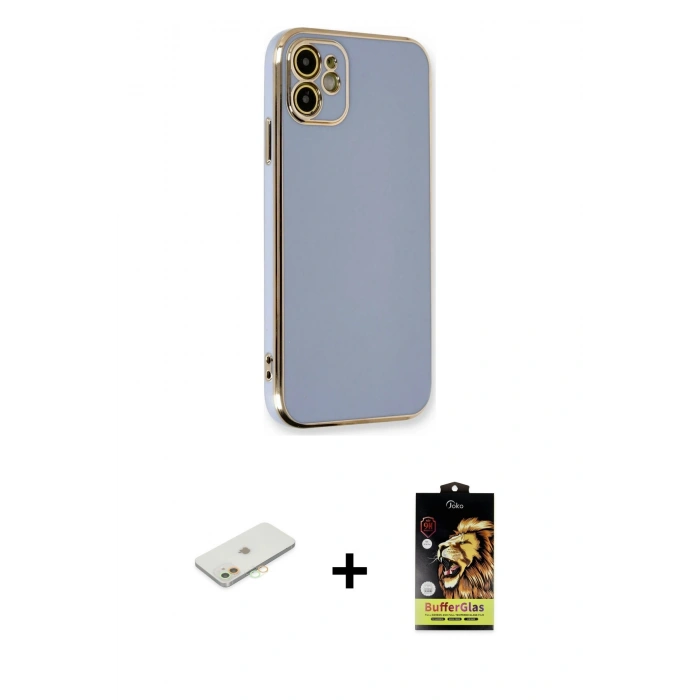 MARSİLYAN™- iPhone 11 Kılıf Yankı Serisi - Siyah Buffer Cam Ekran Koruyucu + Renkli Kamera Lens Koruma Cam - TU