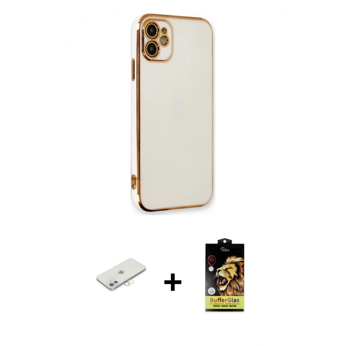 MARSİLYAN™- iPhone 11 Kılıf Yankı Serisi - Siyah Buffer Cam Ekran Koruyucu + Renkli Kamera Lens Koruma Cam - SI