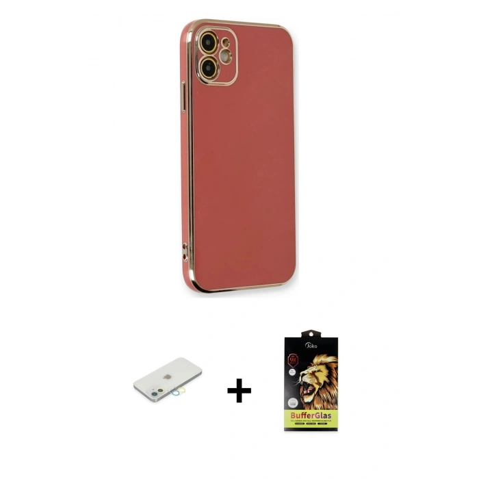 MARSİLYAN™- iPhone 11 Kılıf Yankı Serisi - Siyah Buffer Cam Ekran Koruyucu + Renkli Kamera Lens Koruma Cam - SI