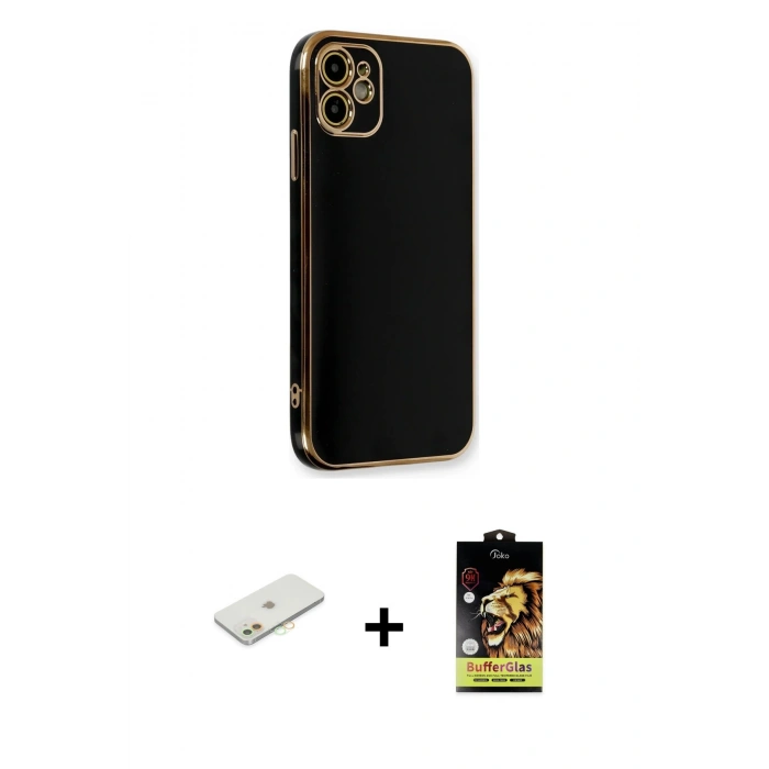 MARSİLYAN™- iPhone 11 Kılıf Yankı Serisi - Siyah Buffer Cam Ekran Koruyucu + Renkli Kamera Lens Koruma Cam - TU