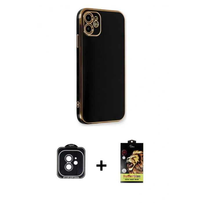 MARSİLYAN™- iPhone 11 Kılıf Yankı Serisi - Siyah Buffer Cam Ekran Koruyucu + PVD Metal Kamera Lens - SH