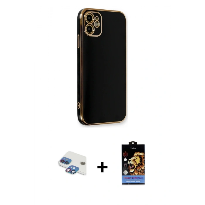 MARSİLYAN™- iPhone 11 Kılıf Yankı Serisi - Siyah Buffer Hayalet Cam Ekran Koruyucu + Pers Alüminyum Kamera Lens - GI