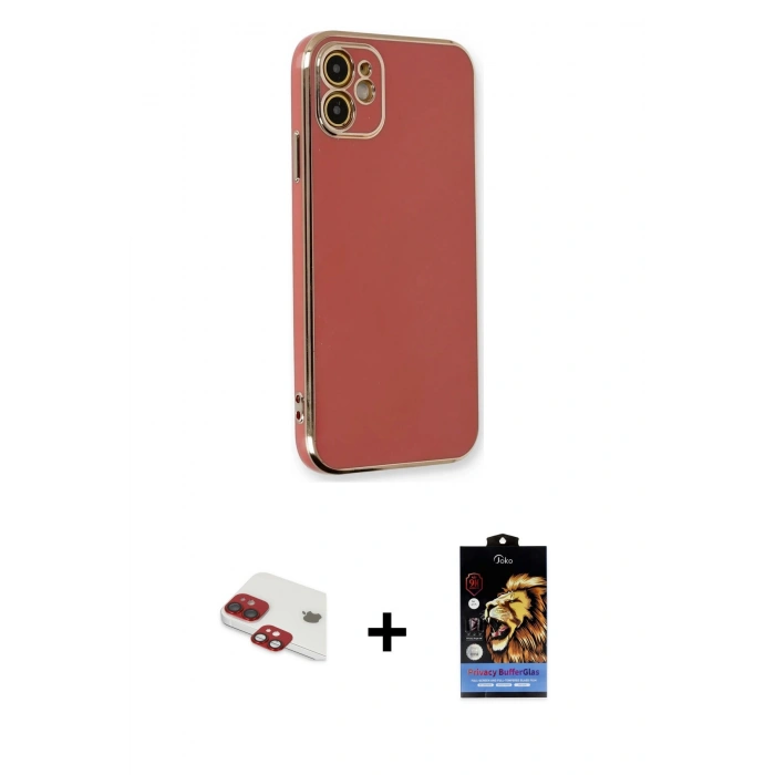 MARSİLYAN™- iPhone 11 Kılıf Yankı Serisi - Siyah Buffer Hayalet Cam Ekran Koruyucu + Kırmızı Pers Alüminyum Kamera Lens