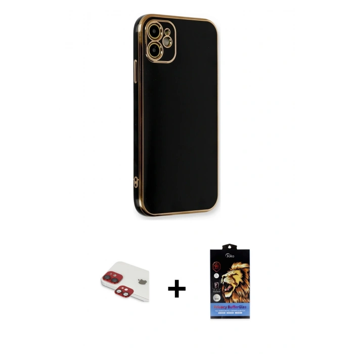 MARSİLYAN™- iPhone 11 Kılıf Yankı Serisi - Siyah Buffer Hayalet Cam Ekran Koruyucu + Kırmızı Pers Alüminyum Kamera Lens
