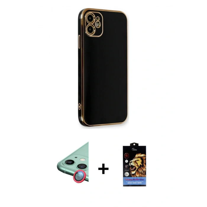 MARSİLYAN™- iPhone 11 Kılıf Yankı Serisi - Siyah Buffer Hayalet Cam Ekran Koruyucu + Raze Metal Kamera Lens - KI