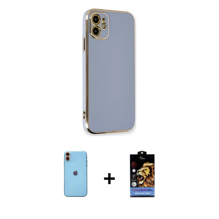 MARSİLYAN™- iPhone 11 Kılıf Yankı Serisi - Siyah Buffer Hayalet Cam Ekran Koruyucu + Neon Fosforlu Kamera Lens - TU