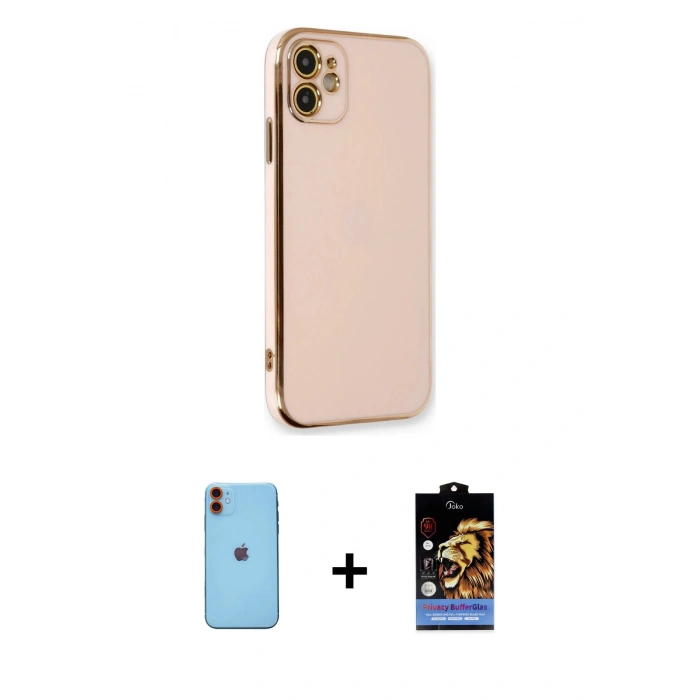 MARSİLYAN™- iPhone 11 Kılıf Yankı Serisi - Siyah Buffer Hayalet Cam Ekran Koruyucu + Neon Fosforlu Kamera Lens - TU