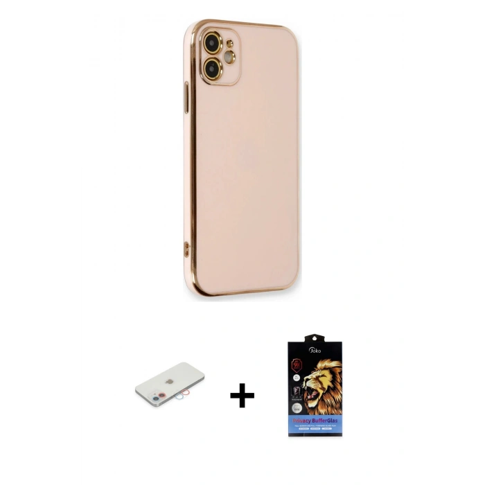 MARSİLYAN™- iPhone 11 Kılıf Yankı Serisi - Siyah Buffer Hayalet Cam Ekran Koruyucu + Pembe Renkli Kamera Lens Koruma Cam