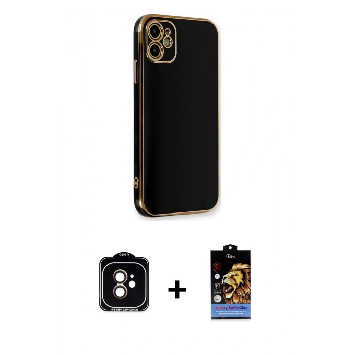 MARSİLYAN™- iPhone 11 Kılıf Yankı Serisi - Siyah Buffer Hayalet Cam Ekran Koruyucu + PVD Metal Kamera Lens - TU