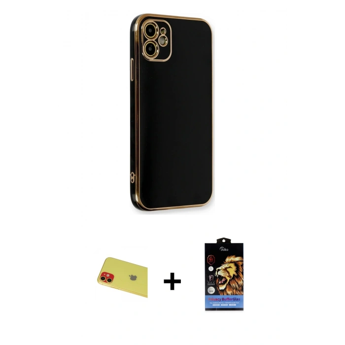 MARSİLYAN™- iPhone 11 Kılıf Yankı Serisi - Siyah Buffer Hayalet Cam Ekran Koruyucu + Rainbow Kamera Lens Koruma Cam - KI