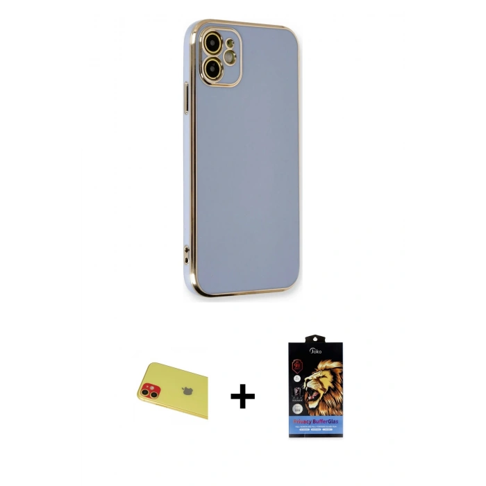 MARSİLYAN™- iPhone 11 Kılıf Yankı Serisi - Siyah Buffer Hayalet Cam Ekran Koruyucu + Rainbow Kamera Lens Koruma Cam - KI