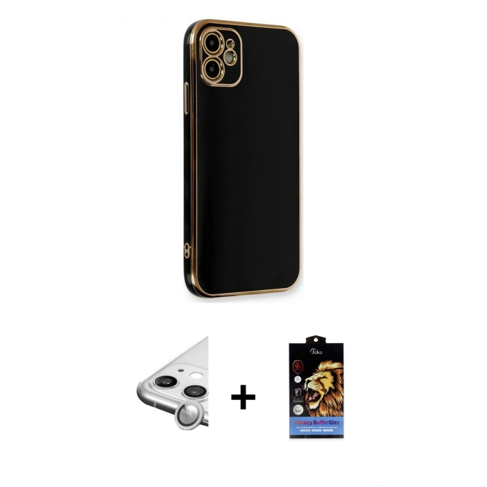 MARSİLYAN™- iPhone 11 Kılıf Yankı Serisi - Siyah Buffer Hayalet Cam Ekran Koruyucu + Raze Metal Kamera Lens - GS