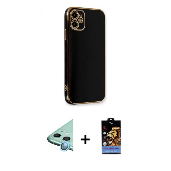 MARSİLYAN™- iPhone 11 Kılıf Yankı Serisi - Siyah Buffer Hayalet Cam Ekran Koruyucu + Raze Metal Kamera Lens - MI