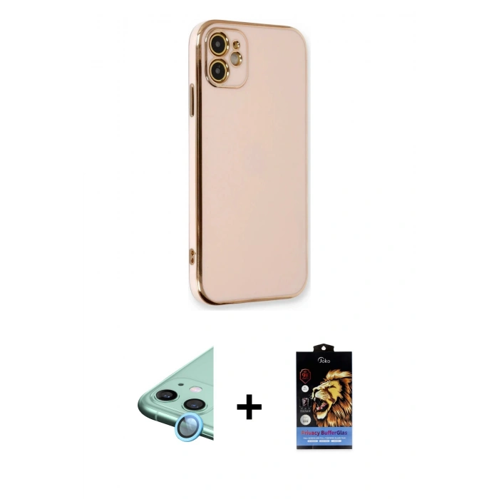 MARSİLYAN™- iPhone 11 Kılıf Yankı Serisi - Siyah Buffer Hayalet Cam Ekran Koruyucu + Raze Metal Kamera Lens - MI