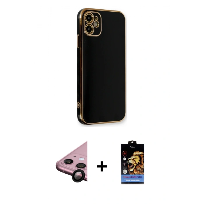 MARSİLYAN™- iPhone 11 Kılıf Yankı Serisi - Siyah Buffer Hayalet Cam Ekran Koruyucu + Raze Metal Kamera Lens - SH