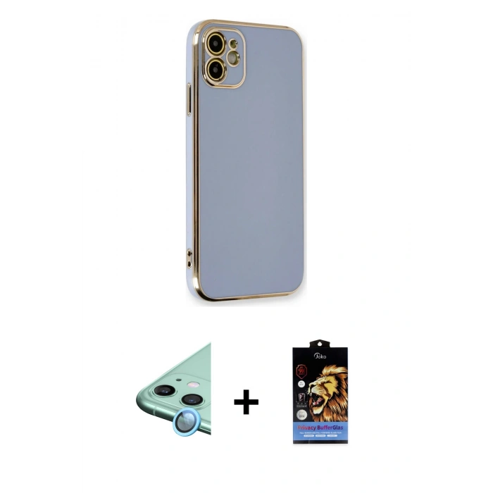 MARSİLYAN™- iPhone 11 Kılıf Yankı Serisi - Siyah Buffer Hayalet Cam Ekran Koruyucu + Raze Metal Kamera Lens - MI