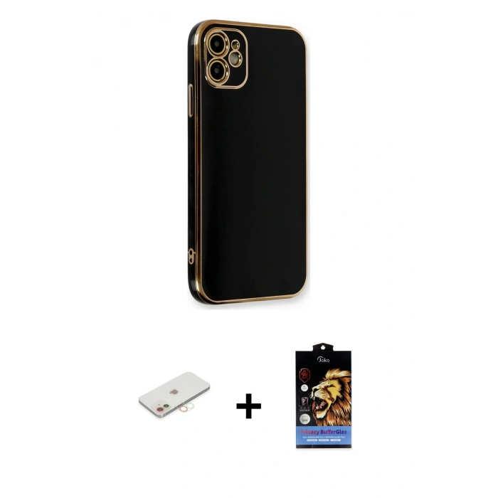 MARSİLYAN™- iPhone 11 Kılıf Yankı Serisi - Siyah Buffer Hayalet Cam Ekran Koruyucu + Renkli Kamera Lens Koruma Cam - YL