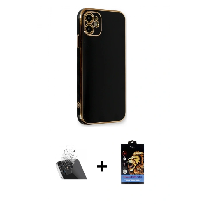 MARSİLYAN™- iPhone 11 Kılıf Yankı Serisi - Siyah Buffer Hayalet Cam Ekran Koruyucu + Şeffaf Kamera Lens Koruma Cam