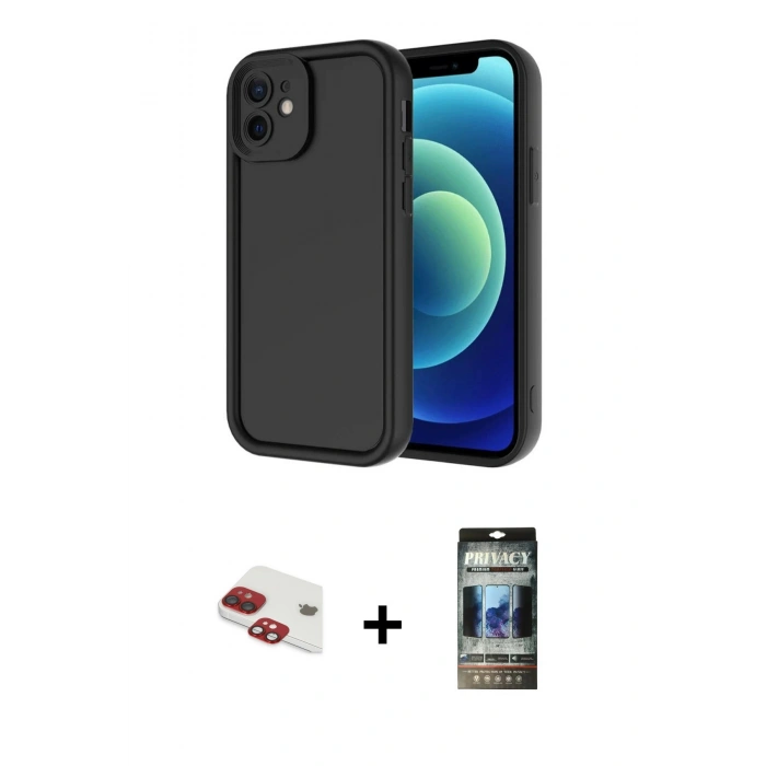 MARSİLYAN™- iPhone 11 Kılıf Yankı Yansıma Özel Seri - Siyah 34D Hayalet Izgaralı Cam + Pers Alüminyum Kamera Lens - KI