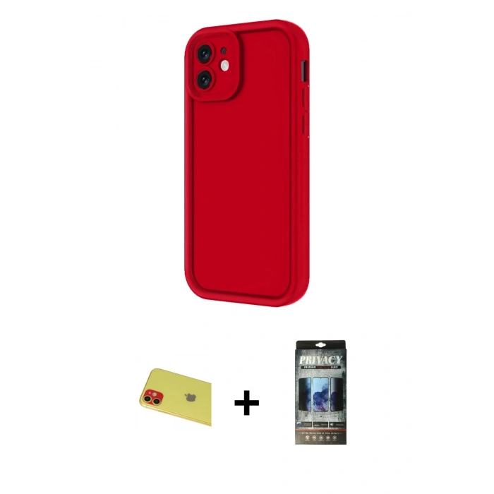 MARSİLYAN™- iPhone 11 Kılıf Yankı Yansıma Özel Seri - Siyah 34D Hayalet Izgaralı Cam + Rainbow Kamera Lens Koruma Cam - KI