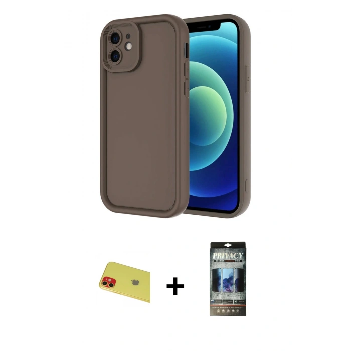 MARSİLYAN™- iPhone 11 Kılıf Yankı Yansıma Özel Seri - Siyah 34D Hayalet Izgaralı Cam + Rainbow Kamera Lens Koruma Cam - KI