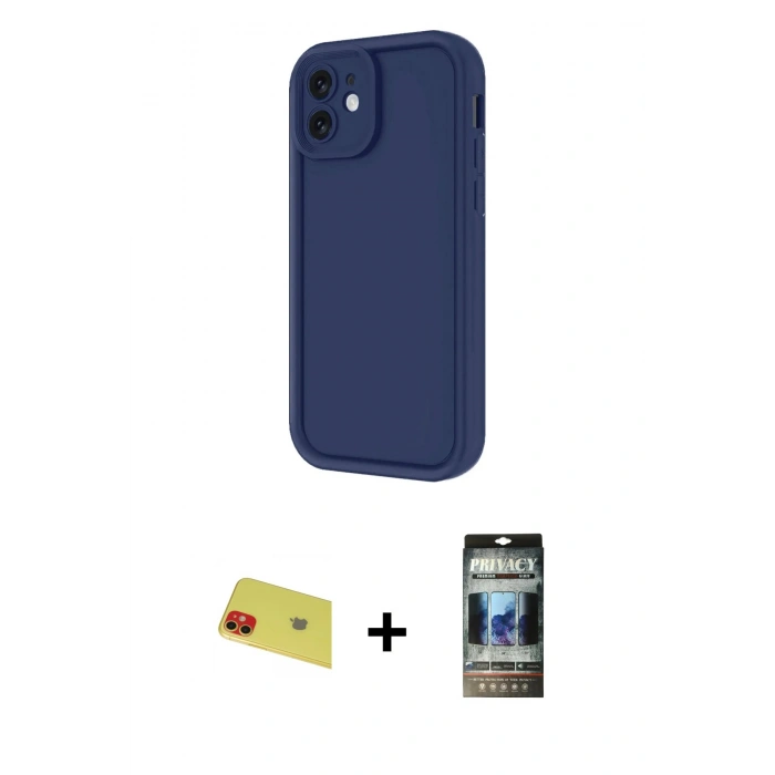 MARSİLYAN™- iPhone 11 Kılıf Yankı Yansıma Özel Seri - Siyah 34D Hayalet Izgaralı Cam + Rainbow Kamera Lens Koruma Cam - KI