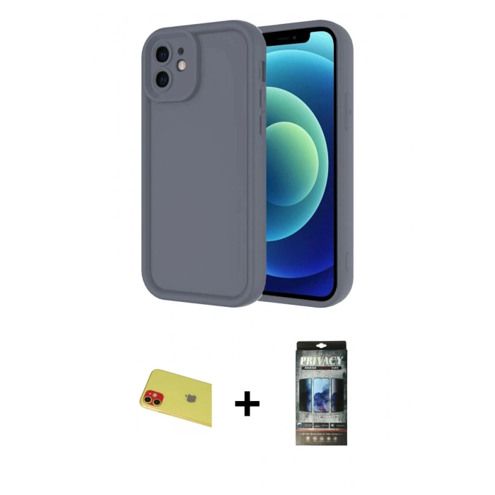 MARSİLYAN™- iPhone 11 Kılıf Yankı Yansıma Özel Seri - Siyah 34D Hayalet Izgaralı Cam + Rainbow Kamera Lens Koruma Cam - KI