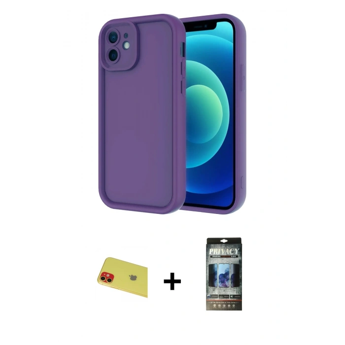 MARSİLYAN™- iPhone 11 Kılıf Yankı Yansıma Özel Seri - Siyah 34D Hayalet Izgaralı Cam + Rainbow Kamera Lens Koruma Cam - KI