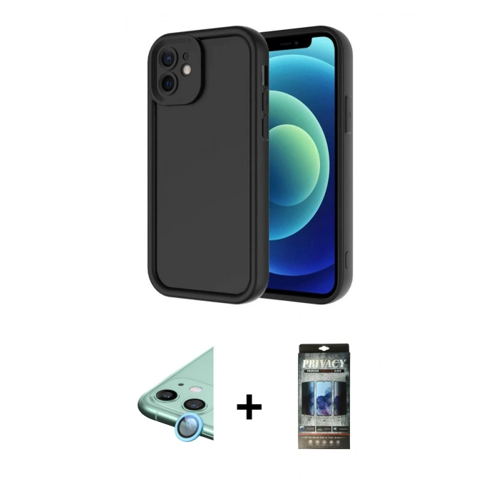MARSİLYAN™- iPhone 11 Kılıf Yankı Yansıma Özel Seri - Siyah 34D Hayalet Izgaralı Cam + Raze Metal Kamera Lens - MI