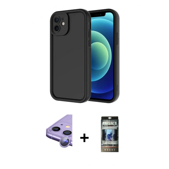 MARSİLYAN™- iPhone 11 Kılıf Yankı Yansıma Özel Seri - Siyah 34D Hayalet Izgaralı Cam + Raze Metal Kamera Lens - MR