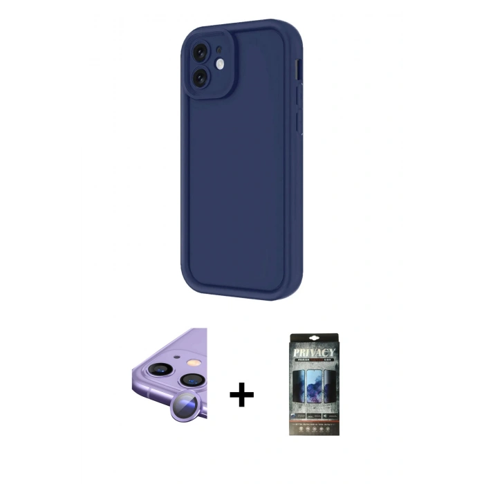 MARSİLYAN™- iPhone 11 Kılıf Yankı Yansıma Özel Seri - Siyah 34D Hayalet Izgaralı Cam + Raze Metal Kamera Lens - MR