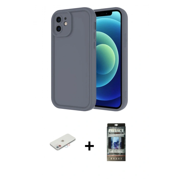 MARSİLYAN™- iPhone 11 Kılıf Yankı Yansıma Özel Seri - Siyah 34D Hayalet Izgaralı Cam + Renkli Kamera Lens Koruma Cam - PE