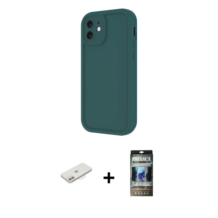 MARSİLYAN™- iPhone 11 Kılıf Yankı Yansıma Özel Seri - Siyah 34D Hayalet Izgaralı Cam + Renkli Kamera Lens Koruma Cam - PE