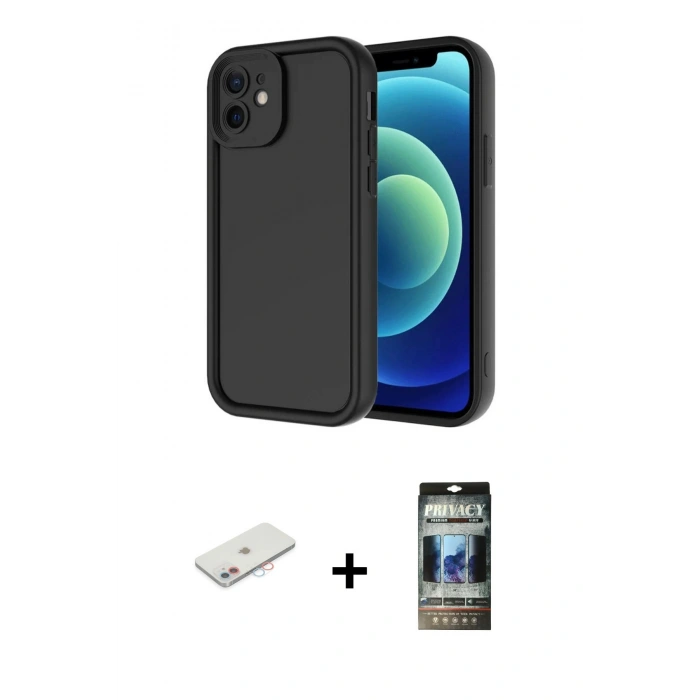 MARSİLYAN™- iPhone 11 Kılıf Yankı Yansıma Özel Seri - Siyah 34D Hayalet Izgaralı Cam + Renkli Kamera Lens Koruma Cam - PE
