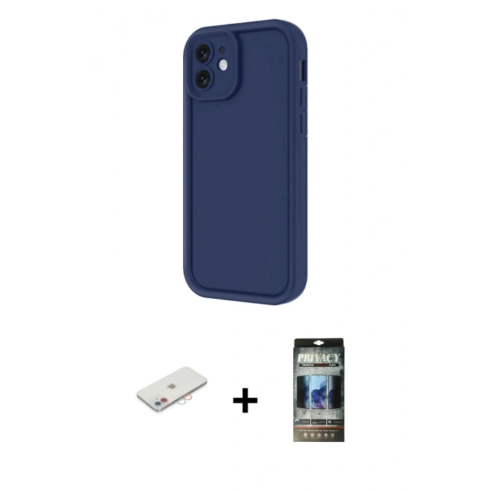 MARSİLYAN™- iPhone 11 Kılıf Yankı Yansıma Özel Seri - Siyah 34D Hayalet Izgaralı Cam + Renkli Kamera Lens Koruma Cam - PE
