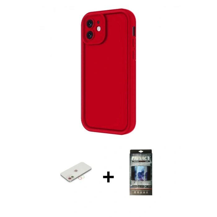 MARSİLYAN™- iPhone 11 Kılıf Yankı Yansıma Özel Seri - Siyah 34D Hayalet Izgaralı Cam + Renkli Kamera Lens Koruma Cam - YL