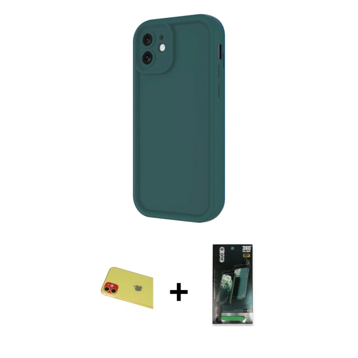 MARSİLYAN™- iPhone 11 Kılıf Yankı Yansıma Özel Seri - Siyah 360 Mat Full Body Arka Koruyucu + Rainbow Kamera Lens Koruma Cam - KI