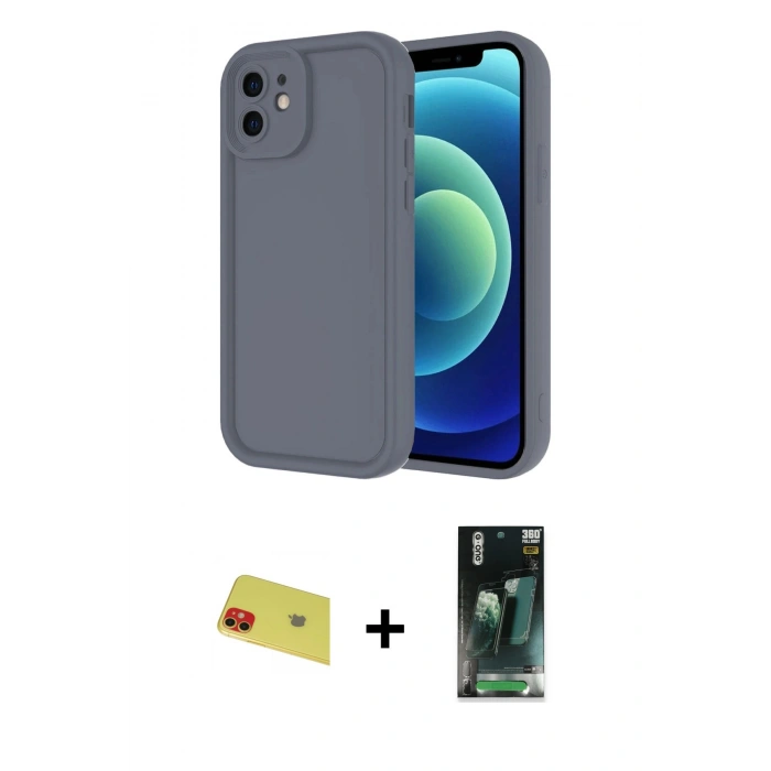 MARSİLYAN™- iPhone 11 Kılıf Yankı Yansıma Özel Seri - Siyah 360 Mat Full Body Arka Koruyucu + Rainbow Kamera Lens Koruma Cam - KI