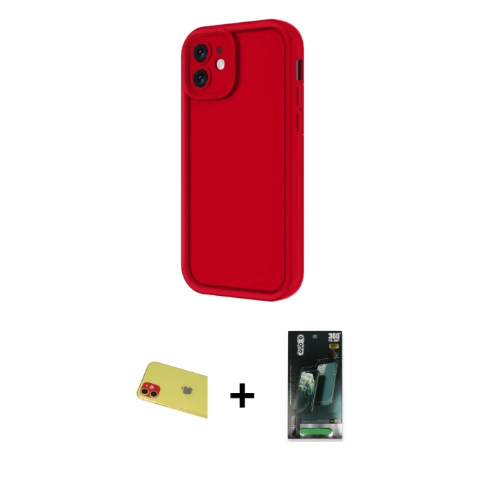 MARSİLYAN™- iPhone 11 Kılıf Yankı Yansıma Özel Seri - Siyah 360 Mat Full Body Arka Koruyucu + Rainbow Kamera Lens Koruma Cam - KI