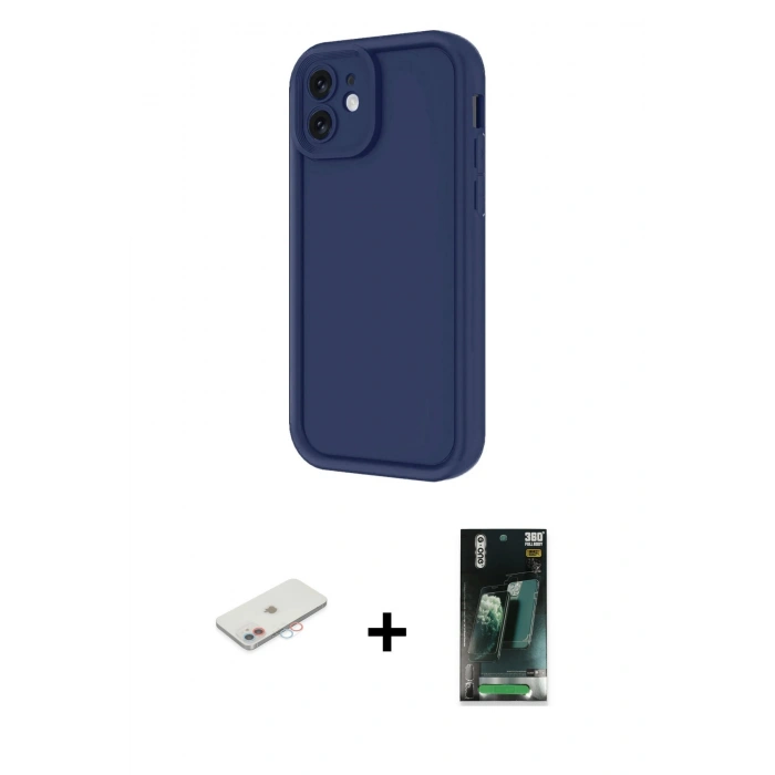 MARSİLYAN™- iPhone 11 Kılıf Yankı Yansıma Özel Seri - Siyah 360 Mat Full Body Arka Koruyucu + Renkli Kamera Lens Koruma Cam - PE