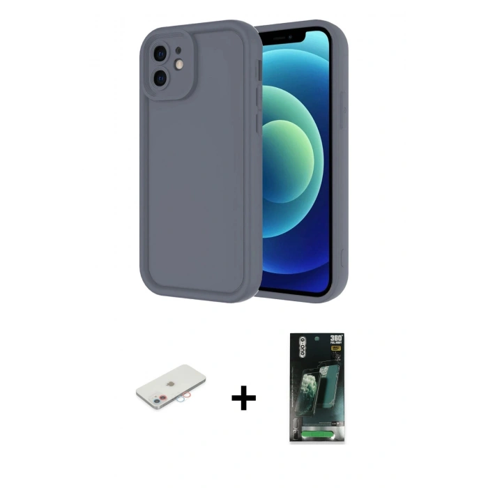 MARSİLYAN™- iPhone 11 Kılıf Yankı Yansıma Özel Seri - Siyah 360 Mat Full Body Arka Koruyucu + Renkli Kamera Lens Koruma Cam - PE