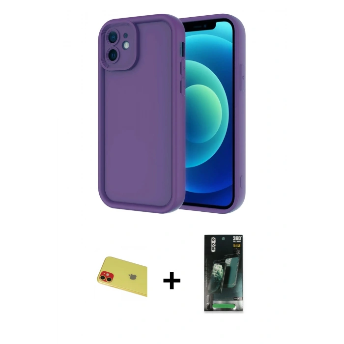 MARSİLYAN™- iPhone 11 Kılıf Yankı Yansıma Özel Seri - Siyah 360 Mat Full Body Arka Koruyucu + Rainbow Kamera Lens Koruma Cam - KI