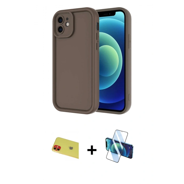 MARSİLYAN™- iPhone 11 Kılıf Yankı Yansıma Özel Seri - Siyah 3D Antistatik Cam Ekran Koruyucu + Rainbow Kamera Lens Koruma Cam - KI