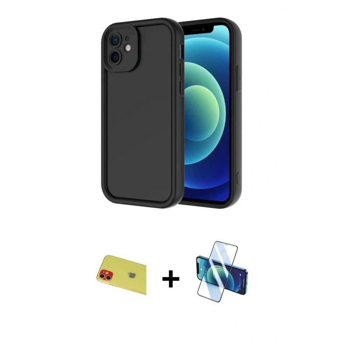 MARSİLYAN™- iPhone 11 Kılıf Yankı Yansıma Özel Seri - Siyah 3D Antistatik Cam Ekran Koruyucu + Rainbow Kamera Lens Koruma Cam - KI