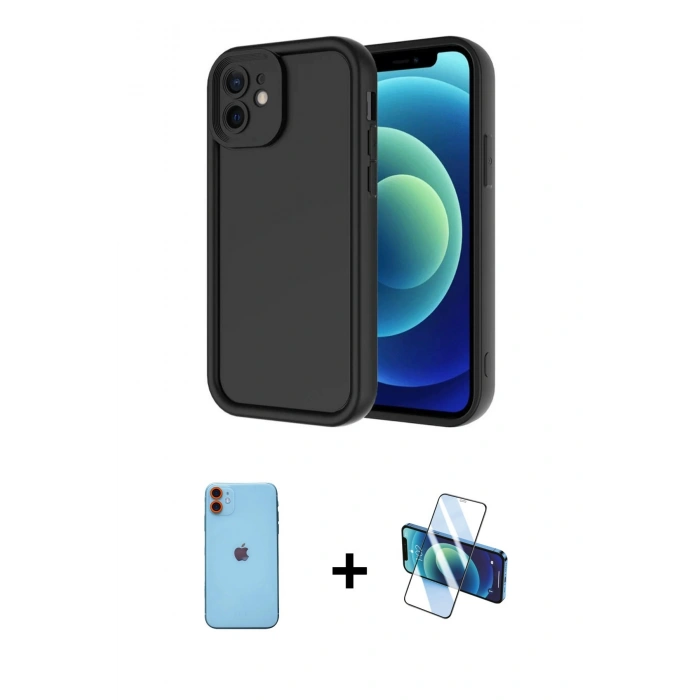 MARSİLYAN™- iPhone 11 Kılıf Yankı Yansıma Özel Seri - Siyah 3D Antistatik Cam Ekran Koruyucu + Neon Fosforlu Kamera Lens - TU