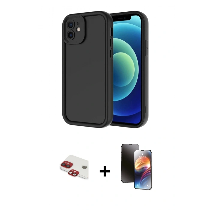 MARSİLYAN™- iPhone 11 Kılıf Yankı Yansıma Özel Seri - Siyah 3D Antistatik Mat Seramik Nano Ekran Koruyucu + Kırmızı Pers Alüminyum Kamera Lens